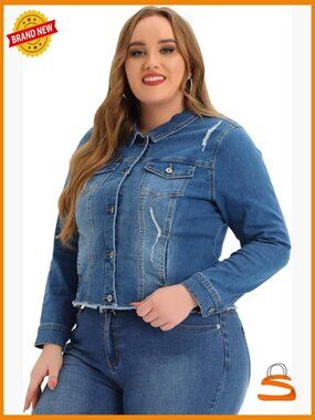 Plus Size Washed Denim Jacket with Frayed Hem